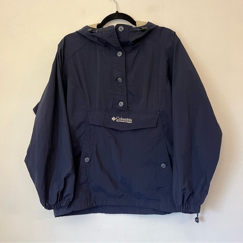 Columbia Vintage Anorak Hooded Windbreaker Jacket size L half button navy tan